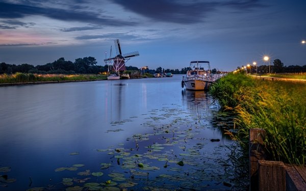 Man Made Windmill Evening Canal Netherlands Boat HD Wallpaper | Background Image