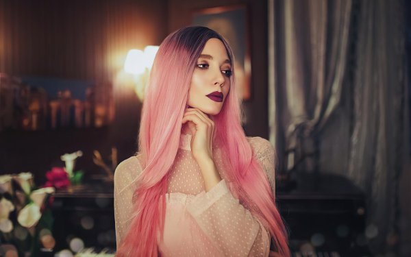 Women Model Lipstick Long Hair Pink Hair HD Wallpaper | Background Image