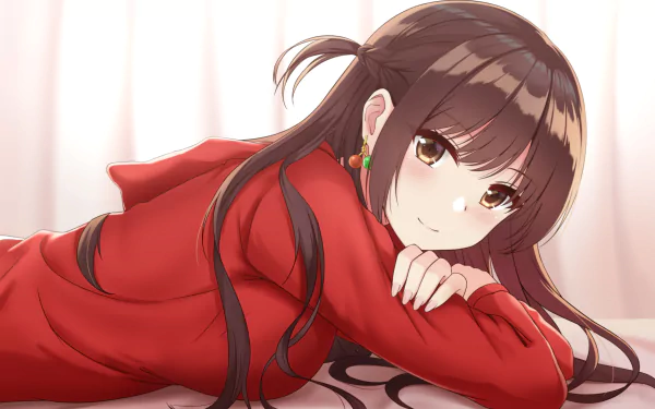 HD desktop wallpaper featuring Chizuru Ichinose from the anime 'Rent-A-Girlfriend' (Kanojo Okarishimasu). She has long brown hair and brown eyes, depicted lying down in a red outfit.
