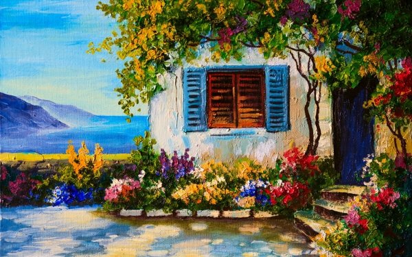 Artistic Painting House Shutters Garden Flower Colorful HD Wallpaper | Background Image