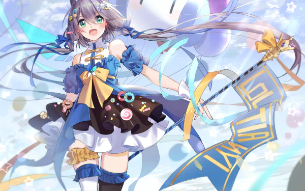 Vibrant Luo Tianyi Vocaloid anime art: cheerful girl in blue frilled outfit with ribbons and a banner staff, floating against a bright sky — 2K Quad HD PC desktop wallpaper/background.