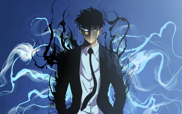 HD desktop wallpaper featuring Sung Jin-Woo from Solo Leveling, depicted with dark hair and a suit, surrounded by swirling blue and black energy.