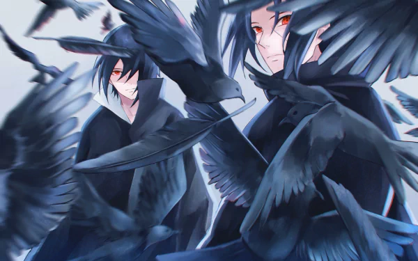 HD anime wallpaper featuring Itachi Uchiha and Sasuke Uchiha from Naruto, surrounded by dark crows, set against a moody, atmospheric background.