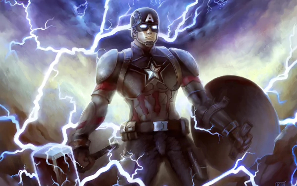  Captain America Surrounded by Lightning from Thor's Hammer