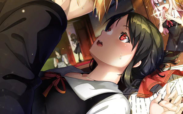 4K Ultra HD anime wallpaper featuring Miyuki Shirogane, Kaguya Shinomiya, Yu Ishigami, Miko Iino, and Chika Fujiwara from Kaguya-sama: Love is War.