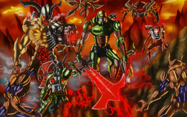 HD PC desktop wallpaper/background for the video game DOOM Eternal: Doom Slayer in green armor battles a circle of demons over a fiery hellscape crackling with red energy.