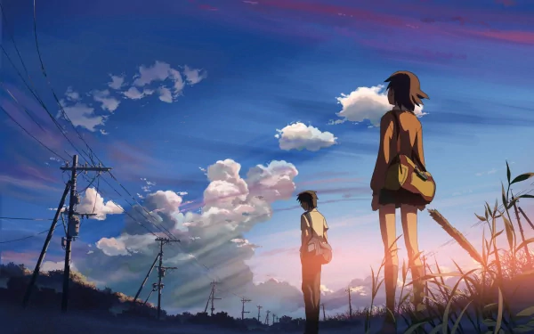 A captivating HD wallpaper featuring Kanae Sumita and Takaki Touno from the anime 5 Centimeters per Second, set against a stunning sky with clouds and a serene landscape.