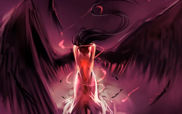 An artistic painting featuring a dark figure with large wings, surrounded by a vibrant, abstract aura. A high-definition wallpaper and background for desktop use.
