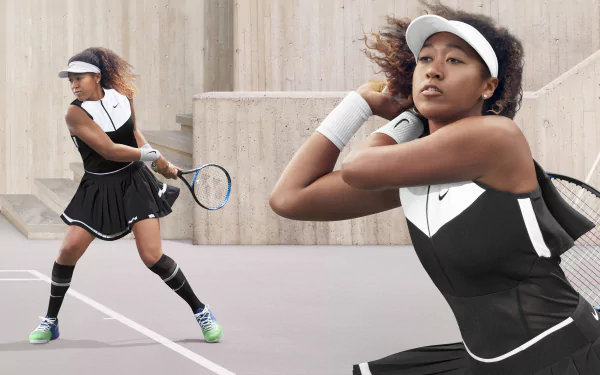 8K Ultra HD PC desktop wallpaper of a female professional tennis player in a black-and-white outfit executing a backhand on a minimalist court, shown in two overlapping action poses.