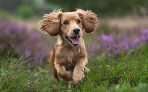 Spaniel dog (animal) joyfully bounding through purple heather, captured in vibrant detail — 4K Ultra HD PC desktop wallpaper background.