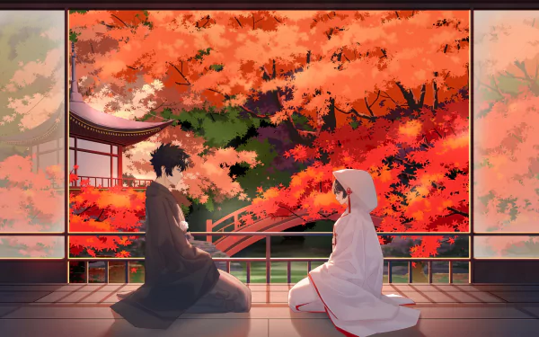 HD anime wallpaper featuring Akane Tsunemori and Shinya Kogami from Psycho-Pass, seated opposite each other with vibrant autumn foliage and traditional architecture in the background.