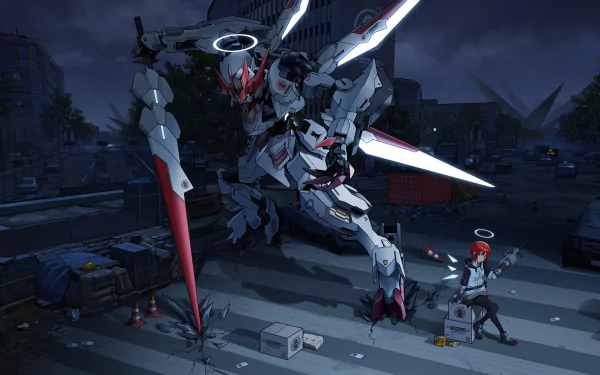 HD PC desktop wallpaper/background: red‑haired Exusiai (Arknights) faces a Mobile Suit Gundam–style robot in an Arknights anime crossover on a stormy rooftop.