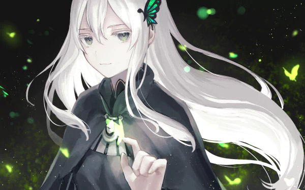 A HD desktop wallpaper featuring Echidna from the anime Re:Zero - Starting Life in Another World. Echidna has long white hair, with a butterfly motif, set against a dark background with glowing green elements.