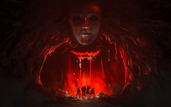 Ghost of Tsushima video game 5K Ultra HD PC desktop wallpaper and background: three silhouetted samurai before a glowing torii beneath a giant demonic mask in a red, fire-lit cavern.