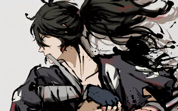 Anime portrait of Hyakkimaru (Dororo) with flowing dark hair and tattered cloak, tense profile — 5K Ultra HD PC desktop wallpaper background.