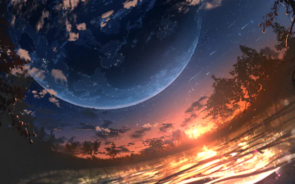 Anime-style HD desktop wallpaper depicting a serene lake at sunset beneath a starry sky with a large planet and a shooting star.