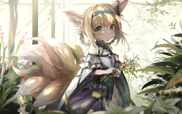 HD desktop wallpaper featuring Suzuran from Arknights with green eyes, blonde hair, and animal ears, set against a lush, softly lit natural background.