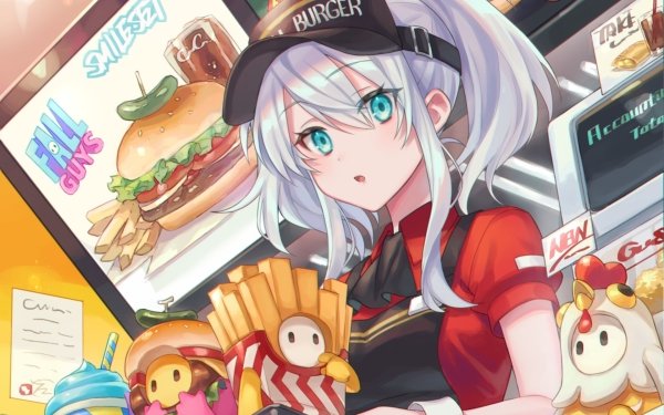 Anime Original French Fries Hamburger Aqua Eyes White Hair HD Wallpaper | Background Image