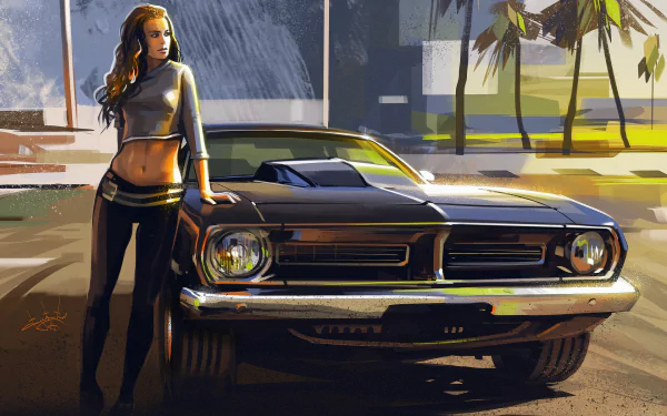 HD PC desktop wallpaper and background: stylized woman leaning against a vintage muscle car in a Girls & Cars scene, palm trees and a warm sunset behind them.