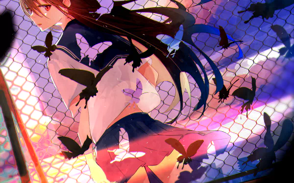 Anime original 2K Quad HD PC desktop wallpaper and background: girl in a school uniform by a chain-link fence, dark butterflies fluttering against a vivid pink-purple sky.