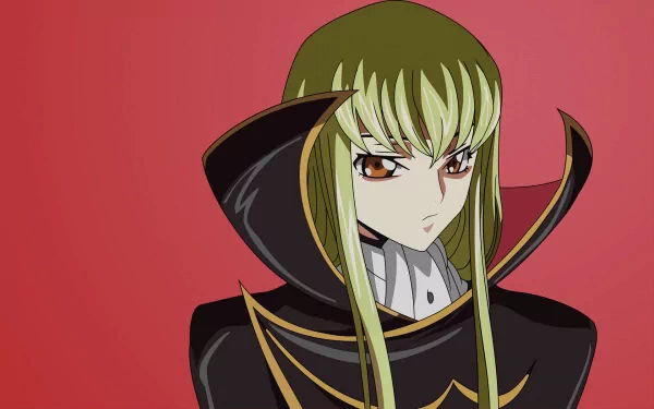 HD anime desktop wallpaper featuring C.C. from Code Geass with a serious expression, set against a red background.