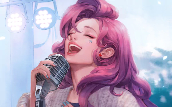 4K Ultra HD PC wallpaper of League of Legends character Seraphine with flowing pink hair, eyes closed, singing into a vintage microphone on a dreamy, softly lit stage.
