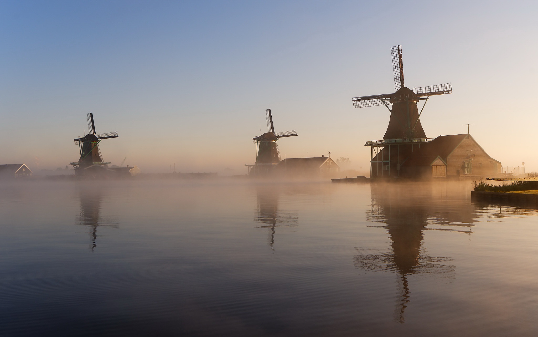 Download Reflection Fog Man Made Windmill HD Wallpaper