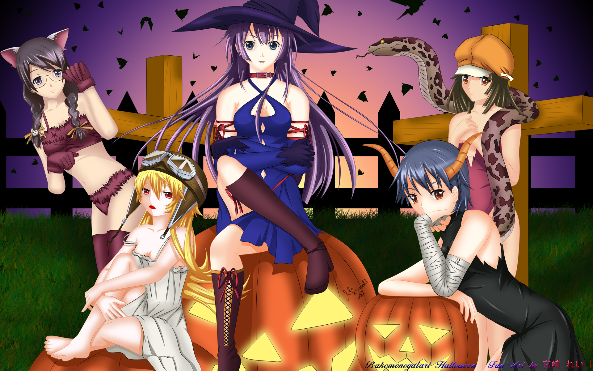 Anime characters from Monogatari Series in Halloween outfits: Hitagi, Shinobu, Tsubasa, Nadeko, and Suruga.