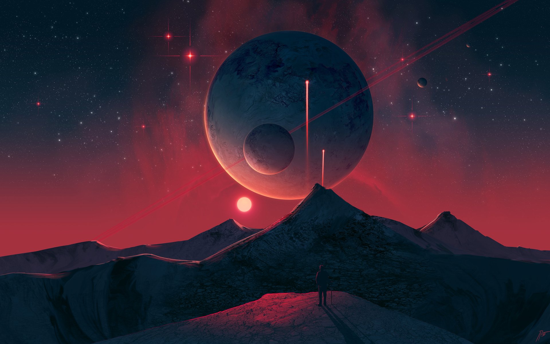 HD sci-fi desktop wallpaper depicting a mysterious planet with moons and red glowing beams above jagged mountain peaks under a starry sky.