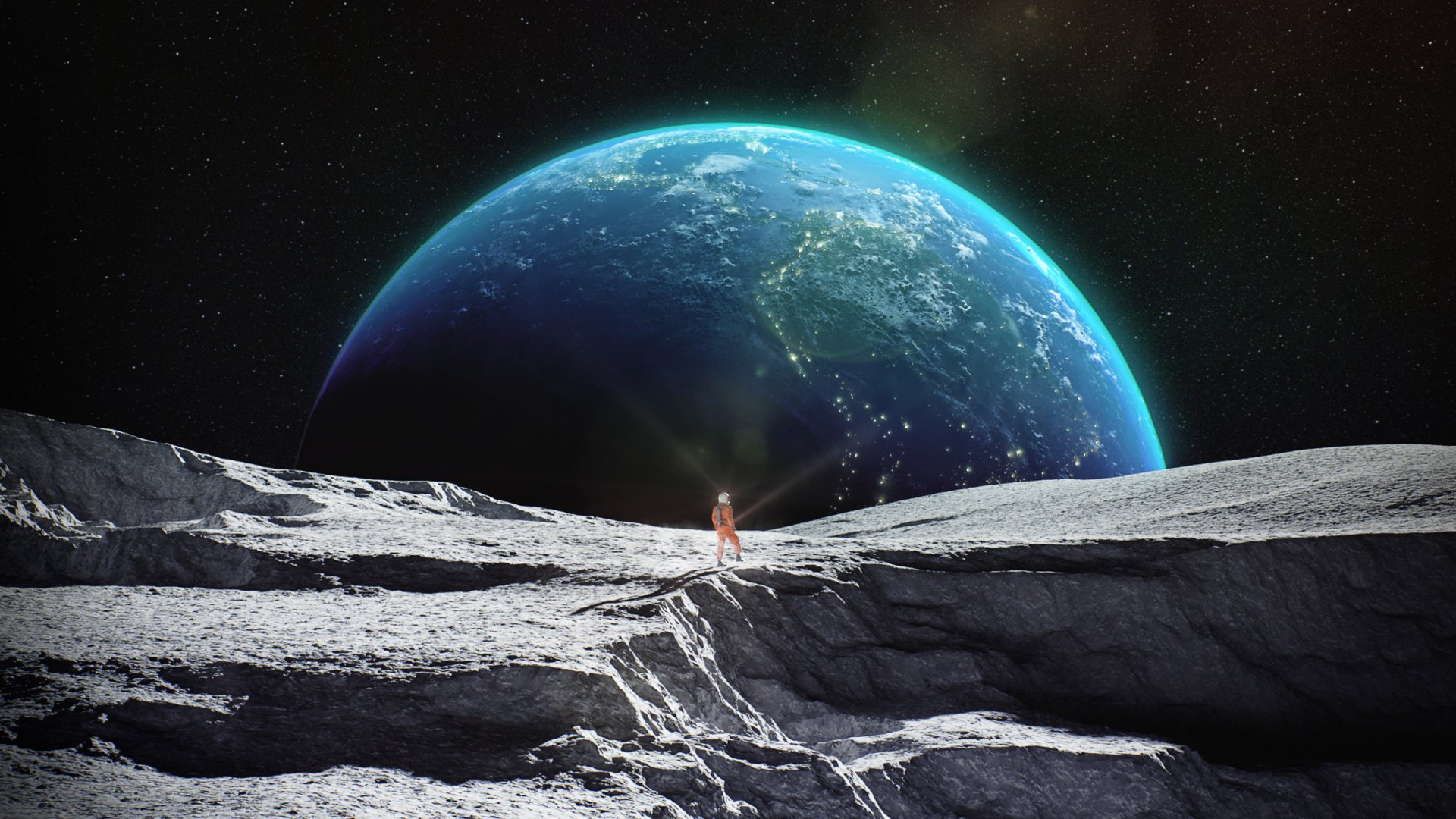 Astronaut in Space Watching Planet Rise HD Обои | Фон | 2560x1440 | ID