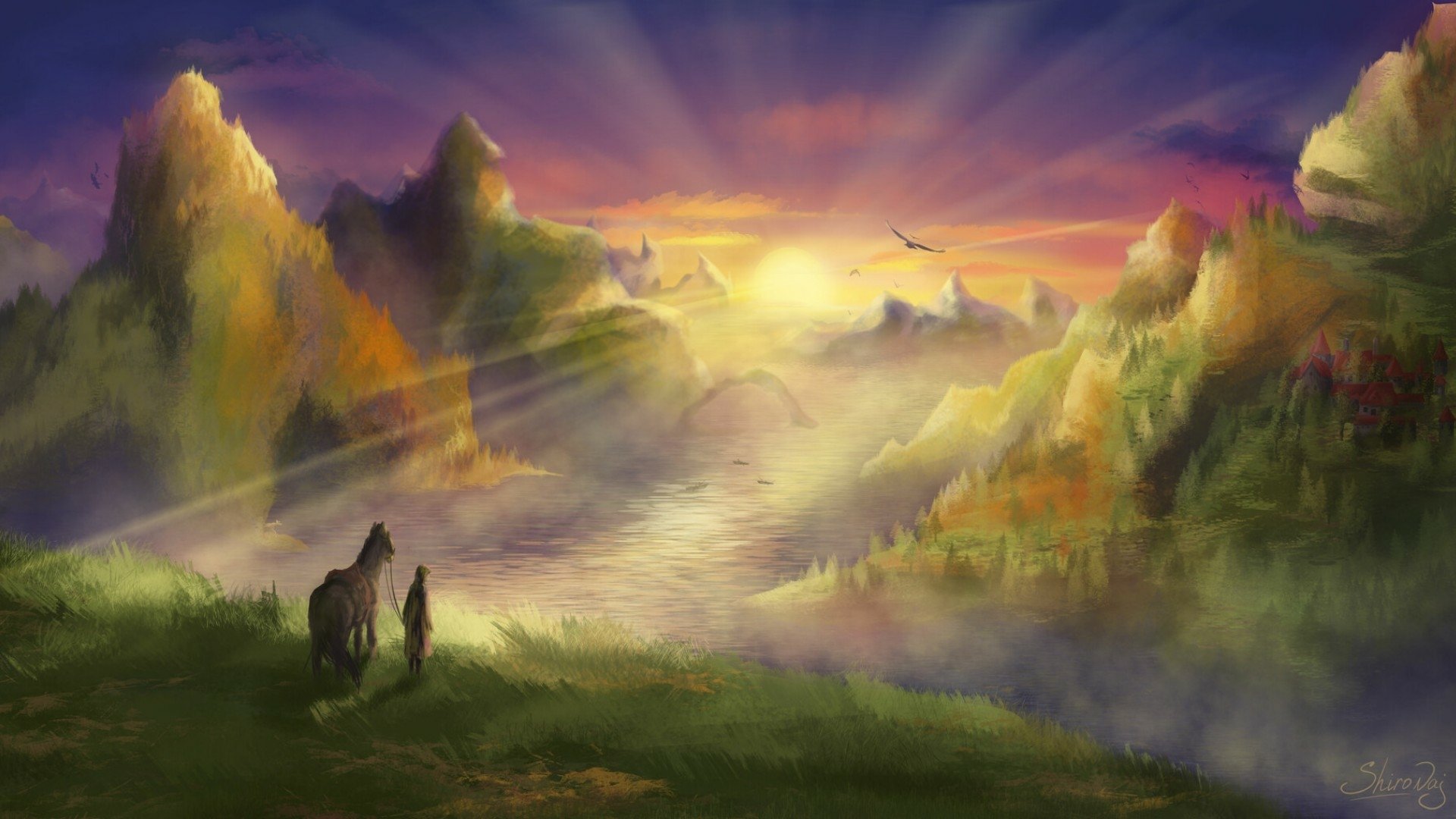 Artistic landscape sunset HD PC desktop wallpaper and background: two small figures with a horse on a grassy ridge overlooking a mist-filled valley and sunlit mountain peaks.