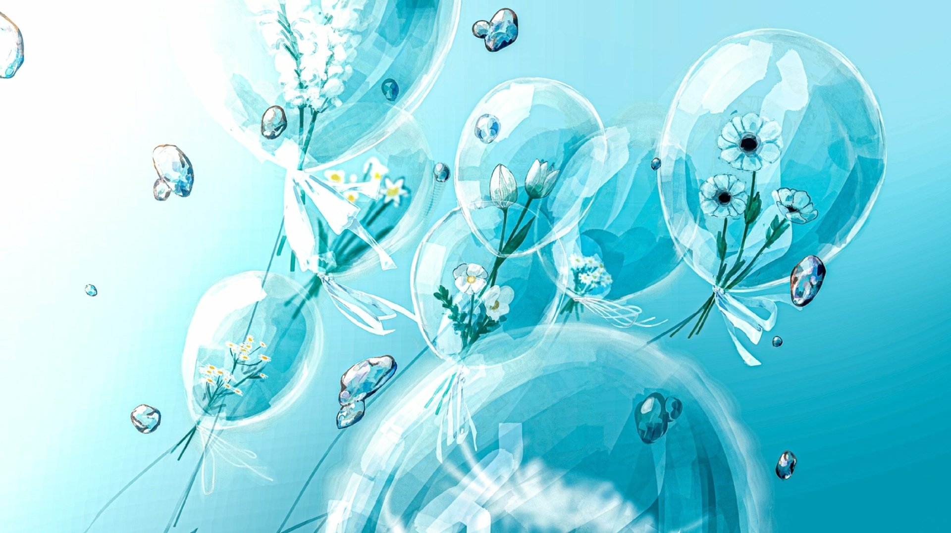 HD anime original wallpaper featuring transparent bubbles with flowers inside, set against a light blue background.