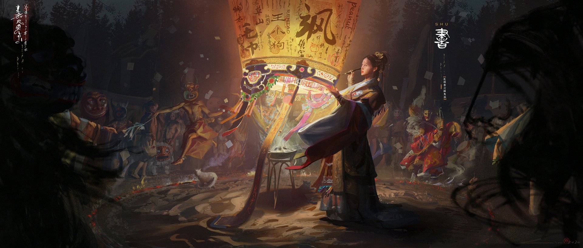 HD PC desktop wallpaper: a fantasy woman in flowing robes releases a glowing ceremonial lantern at a nocturnal festival, surrounded by banners, onlookers and warm, magical light.