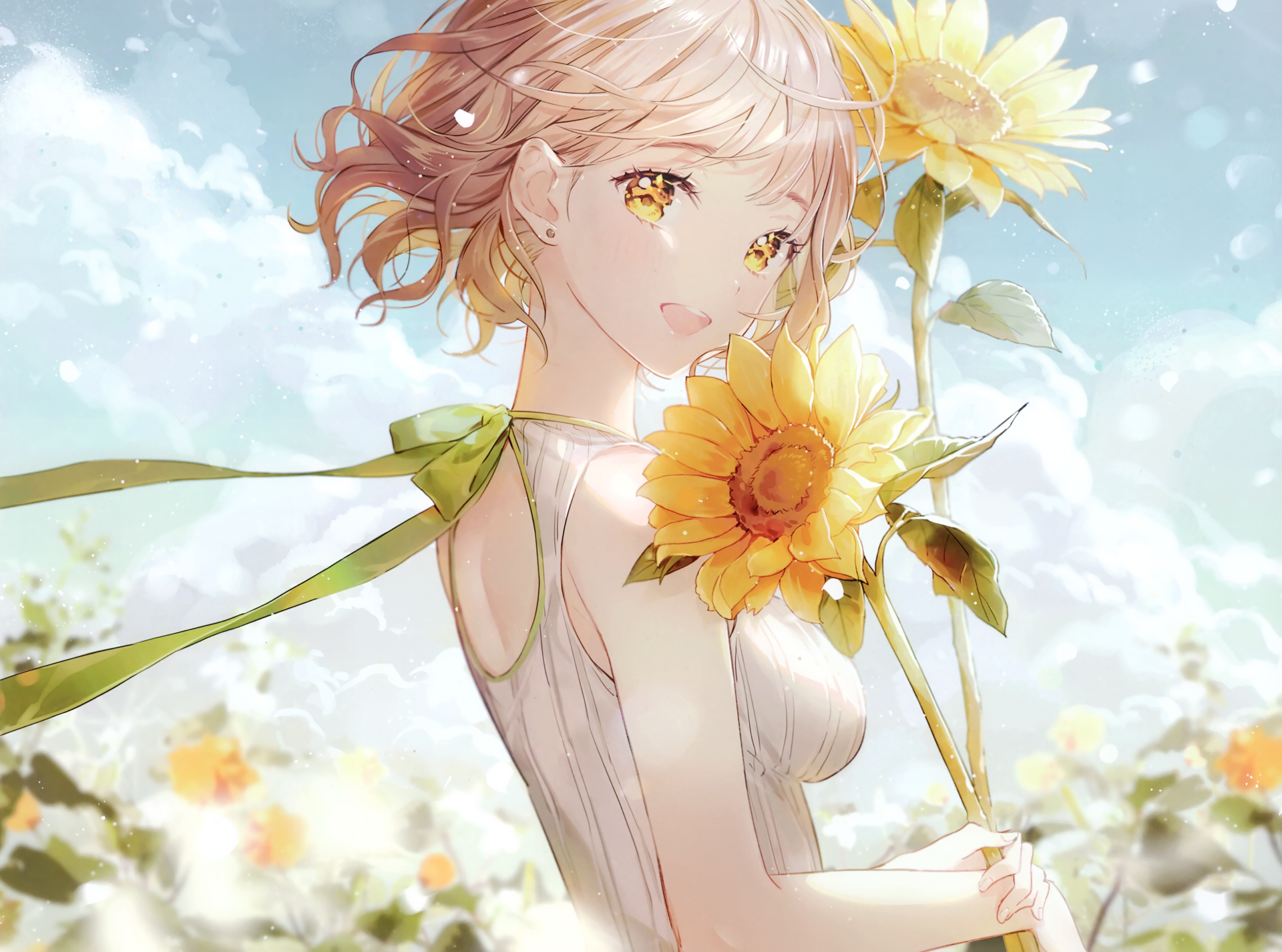 Anime original artwork featuring a girl with short hair holding a vibrant sunflower, set against a bright, dreamy sky—4K Ultra HD PC desktop wallpaper.
