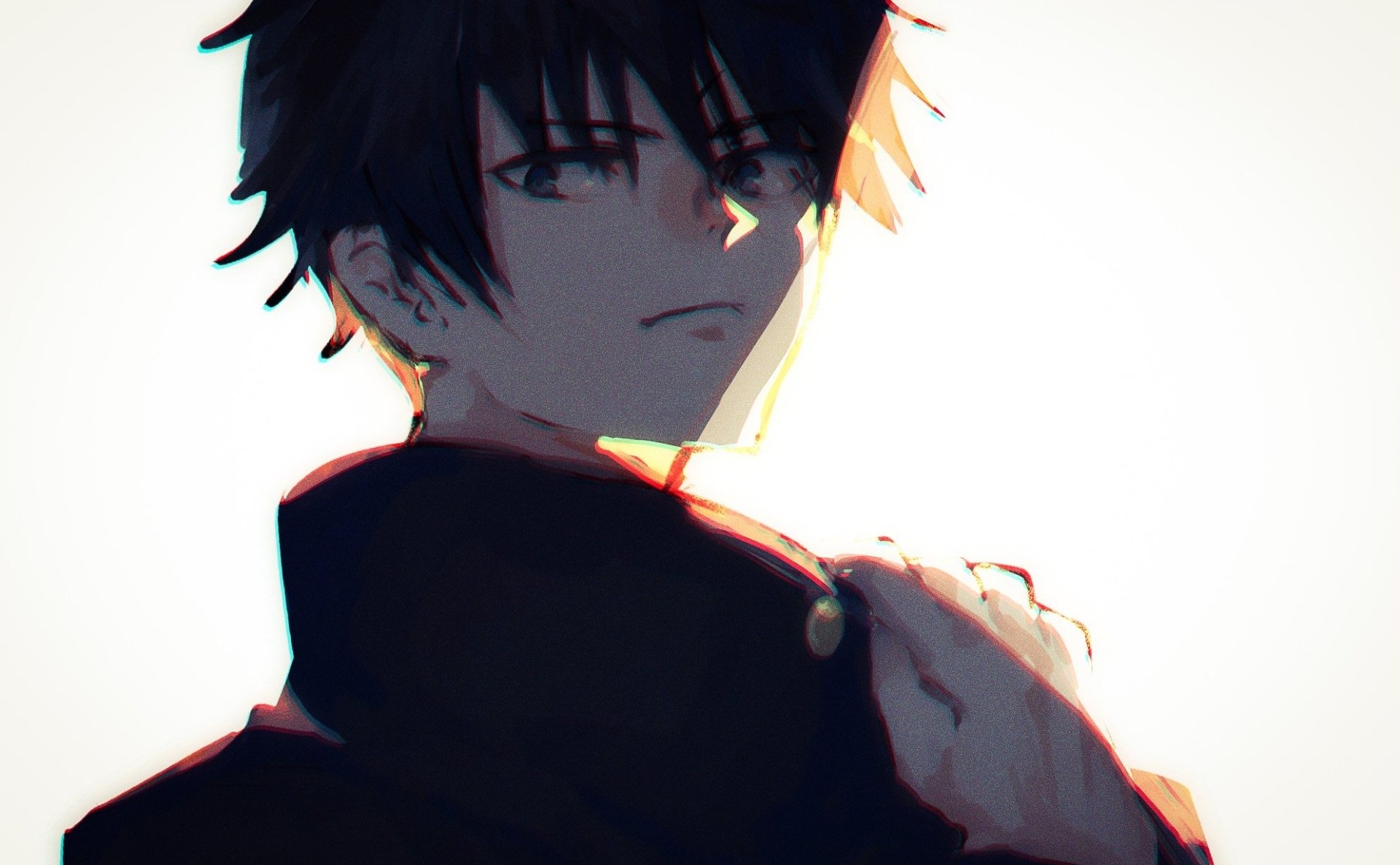 Megumi Fushiguro (Jujutsu Kaisen) HD PC desktop wallpaper — moody anime portrait, backlit with a shadowed face and hand on his collar against a pale background.