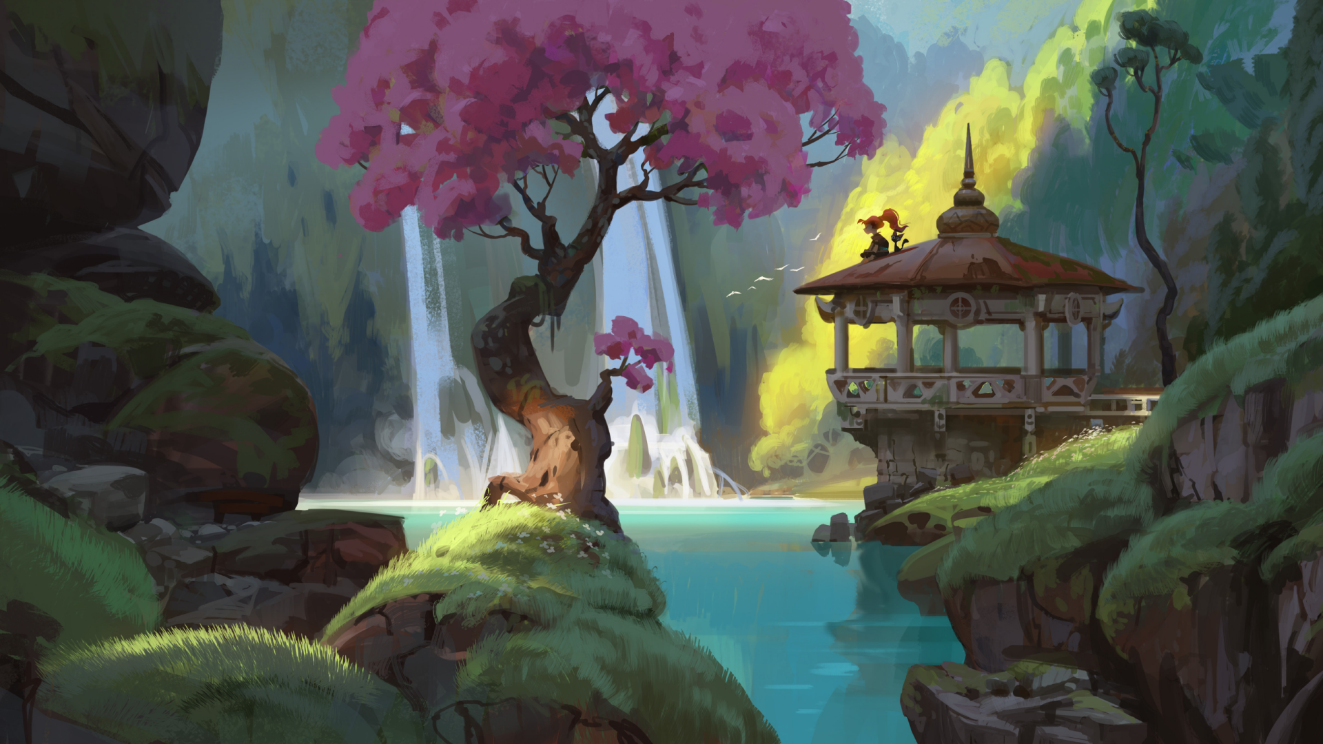 HD desktop wallpaper of a fantasy landscape featuring a serene waterfall, a pink-blossomed tree, and a traditional gazebo beside a peaceful pond, with a cat sitting on the gazebo's edge.
