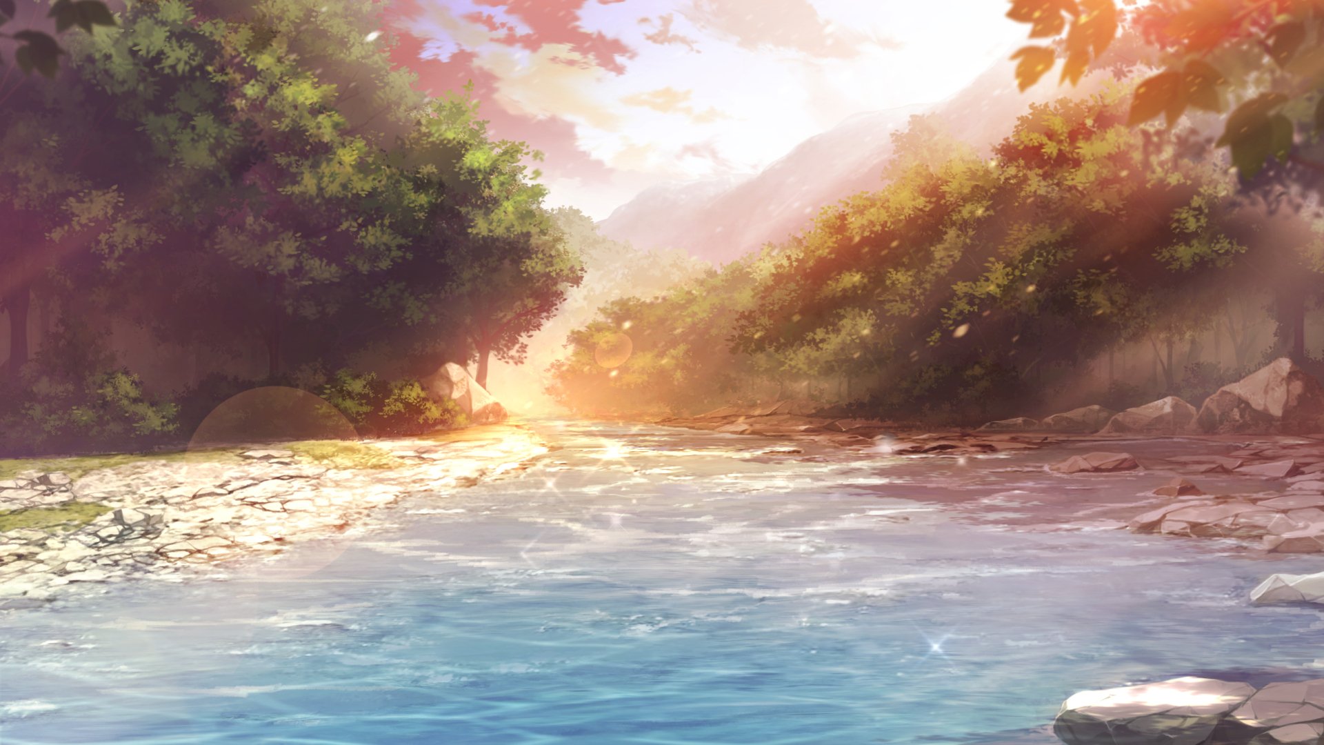 HD anime-style desktop wallpaper depicting a serene river flowing through lush green trees under a warm, glowing sky.