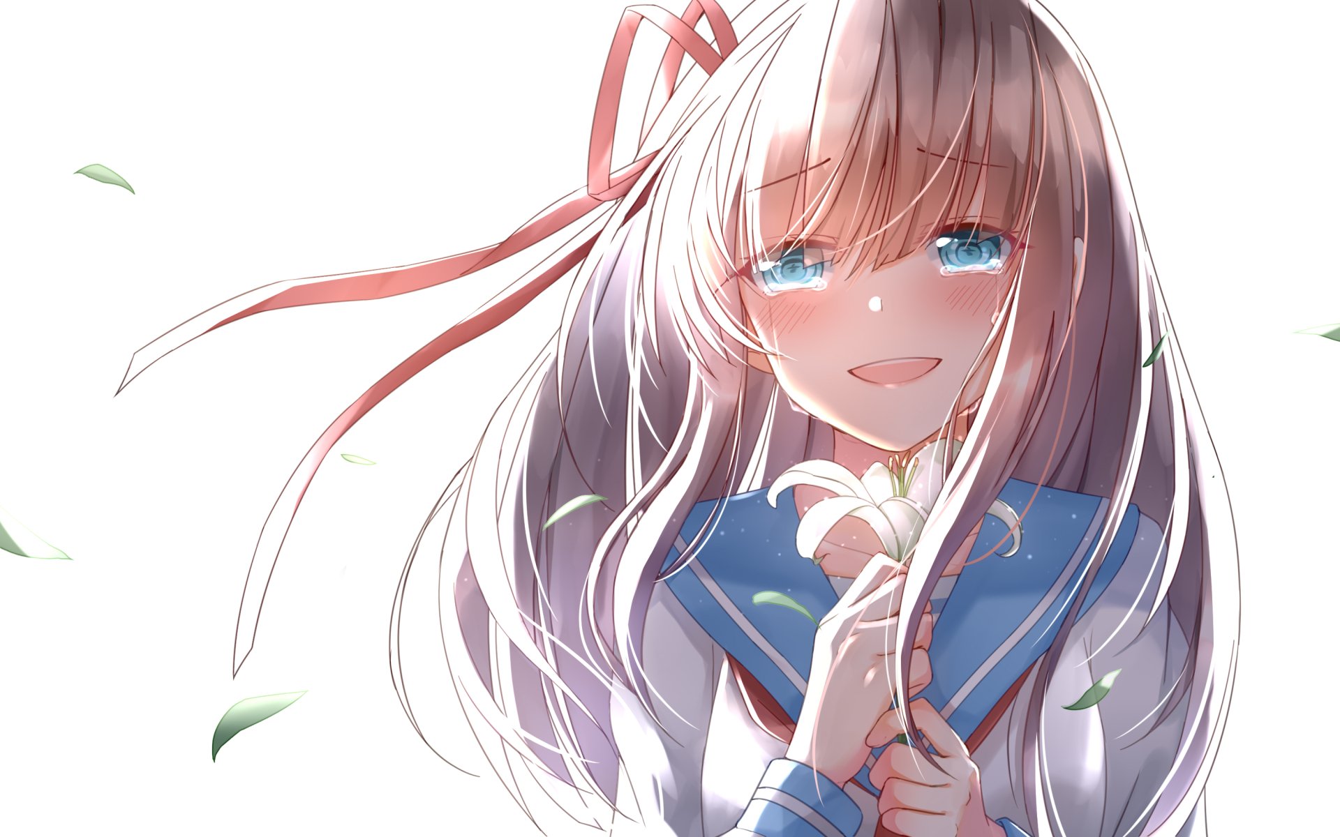 HD anime desktop wallpaper of a smiling anime girl with long hair wearing a blue sailor-style school uniform, holding a white flower against a bright background.