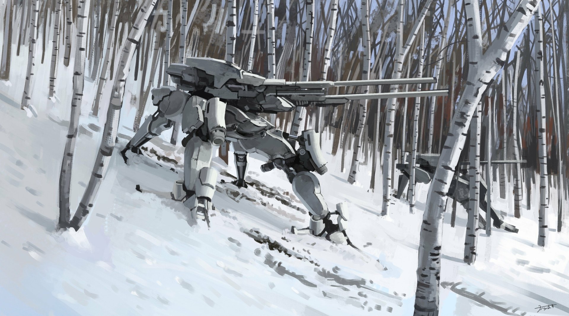 HD desktop wallpaper featuring artistic sci-fi scene with futuristic robotic machines in a snowy forest, surrounded by tall, thin trees. 