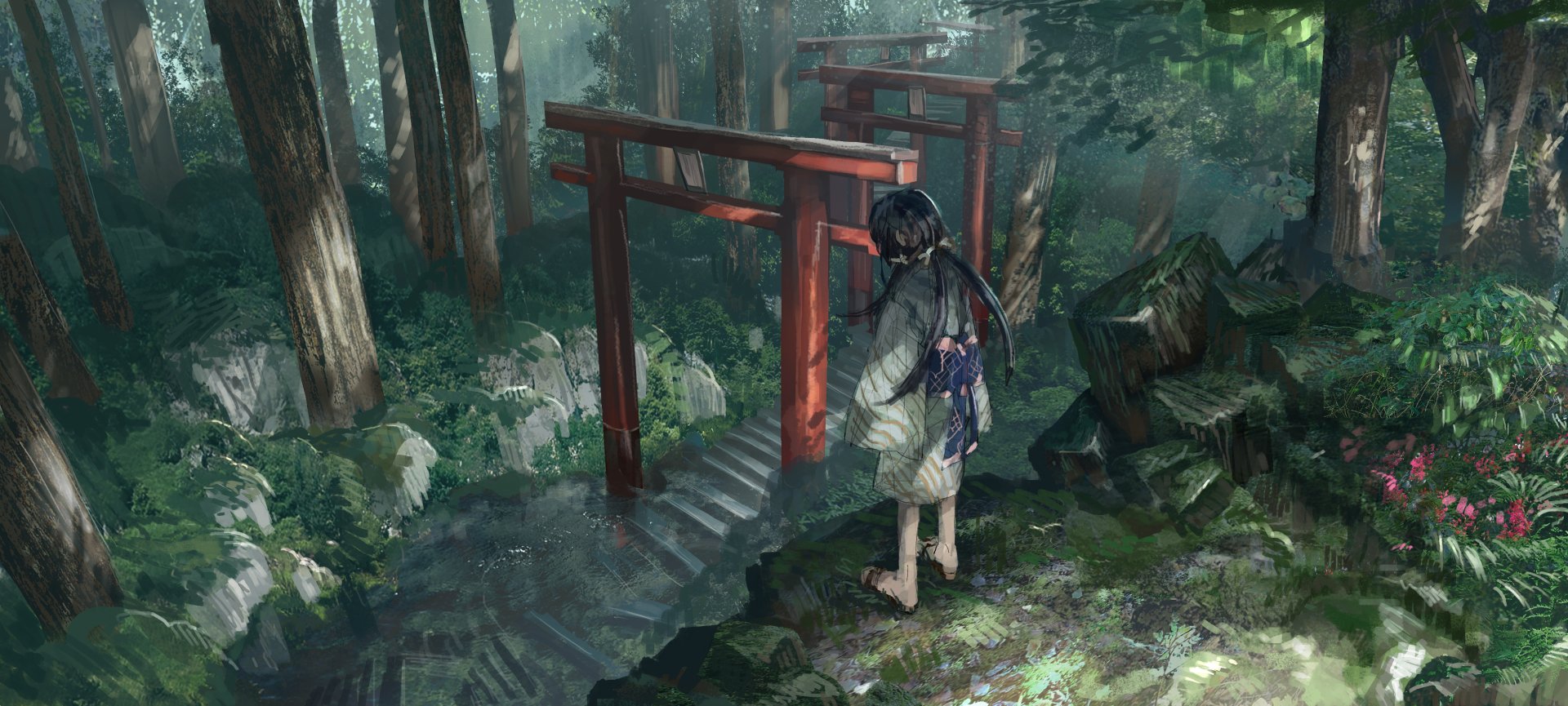 Anime-style HD wallpaper depicting a figure in Japanese clothes standing by red torii gates in a serene forest shrine with stone stairs and lush greenery.