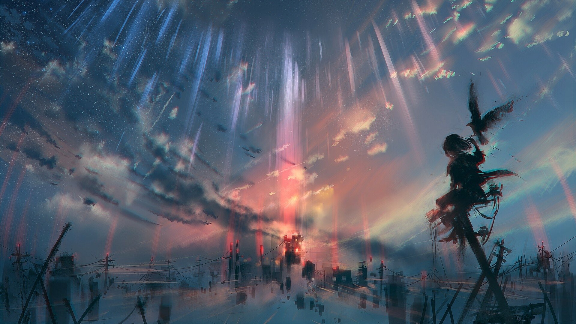 HD anime night sky desktop wallpaper featuring a dramatic, colorful sky with streaks of light and a silhouetted figure perched on a structure against a cityscape backdrop.