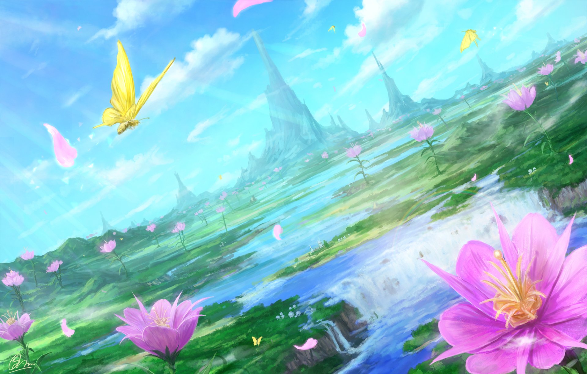 Anime landscape HD PC desktop wallpaper: vibrant meadow with pink lotus blooms, a sparkling stream, distant spires under a bright blue sky, yellow and pink butterflies.