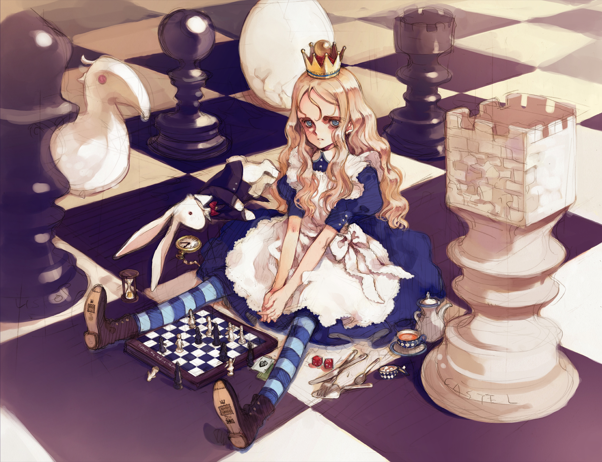 Fantasy-themed HD PC desktop wallpaper featuring an Alice in Wonderland-inspired scene with a crowned girl sitting among giant chess pieces and whimsical elements.