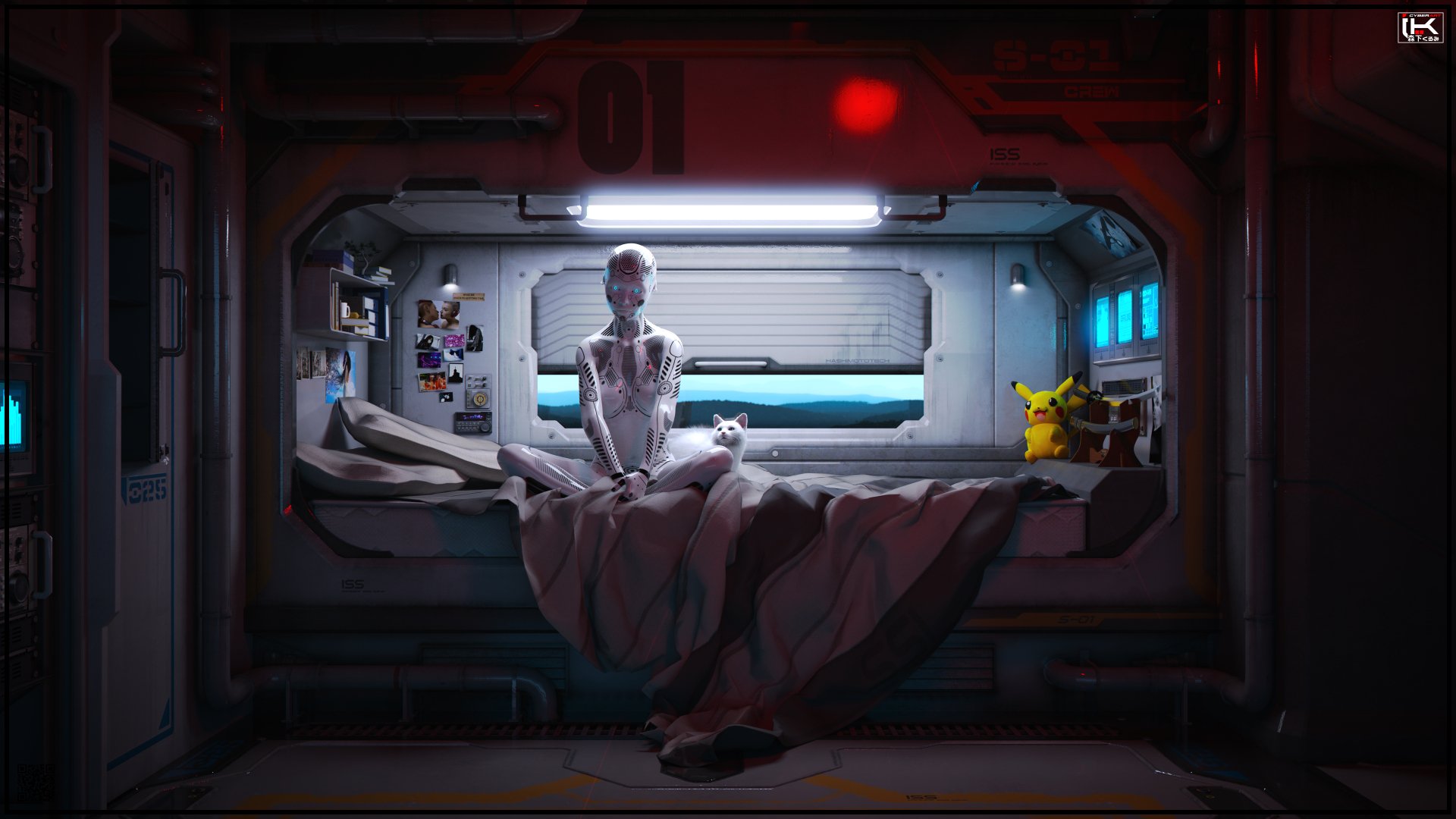 A cybernetic humanoid robot in a sci-fi room, captured in stunning 8K Ultra HD detail, designed as a PC desktop wallpaper and background.