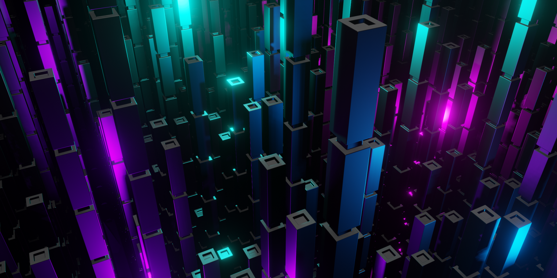 Abstract 3D HD desktop wallpaper featuring a futuristic cityscape with neon turquoise and magenta glowing rectangular structures.