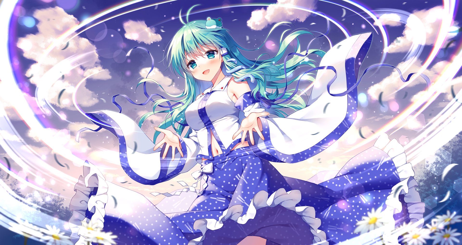 HD anime desktop wallpaper featuring Sanae Kochiya from Touhou with flowing blue hair and aqua eyes against a dreamy sky backdrop.
