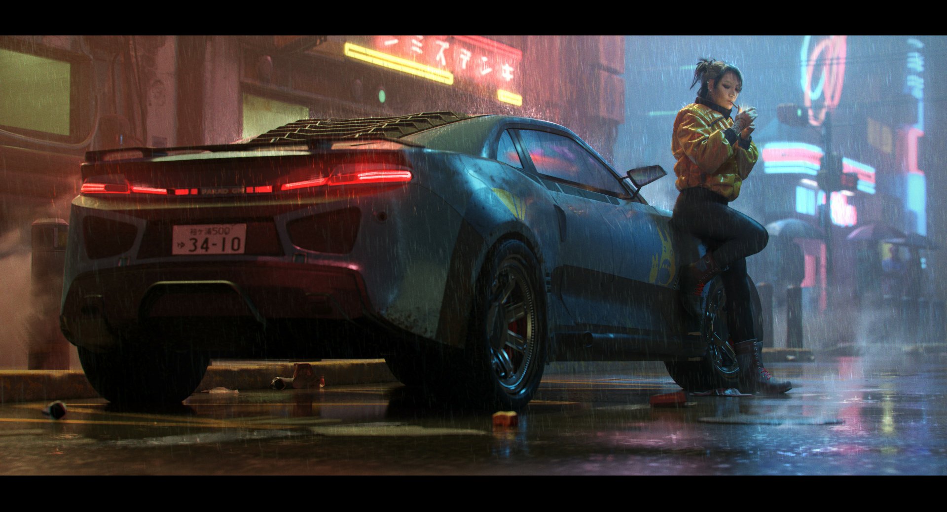 HD desktop wallpaper featuring a cyberpunk night scene with rain. A person leans against a futuristic car, illuminated by neon lights from surrounding buildings.