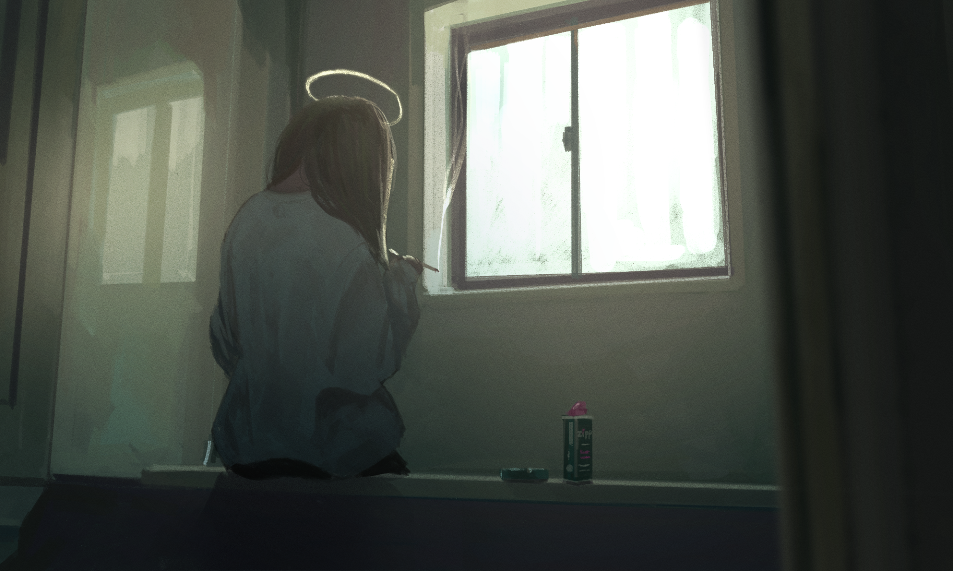 HD PC desktop wallpaper: anime angel girl with a glowing halo sits smoking by a sunlit window, soft indoor light and muted tones, moody background.