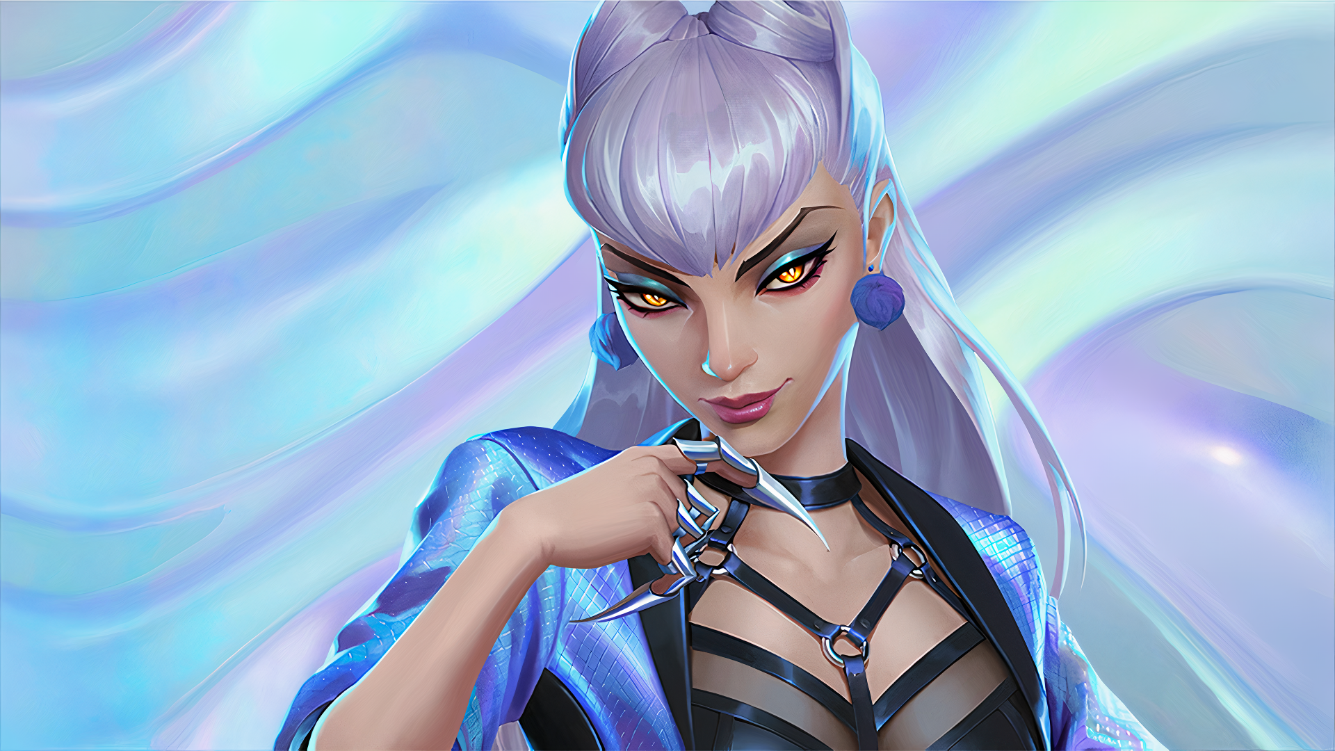 4K Ultra HD desktop wallpaper of K/DA's Evelynn from League of Legends: long silver hair, K-pop diva aesthetic, sultry gaze and metallic stage outfit, video game character.