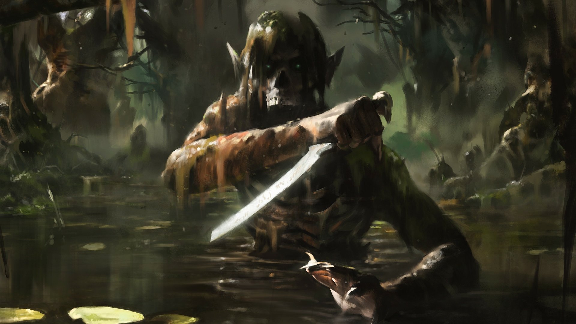 Dark, eerie monster emerging from murky swamp water, gripping a glowing blade in this intense 4K Ultra HD PC desktop wallpaper and background.